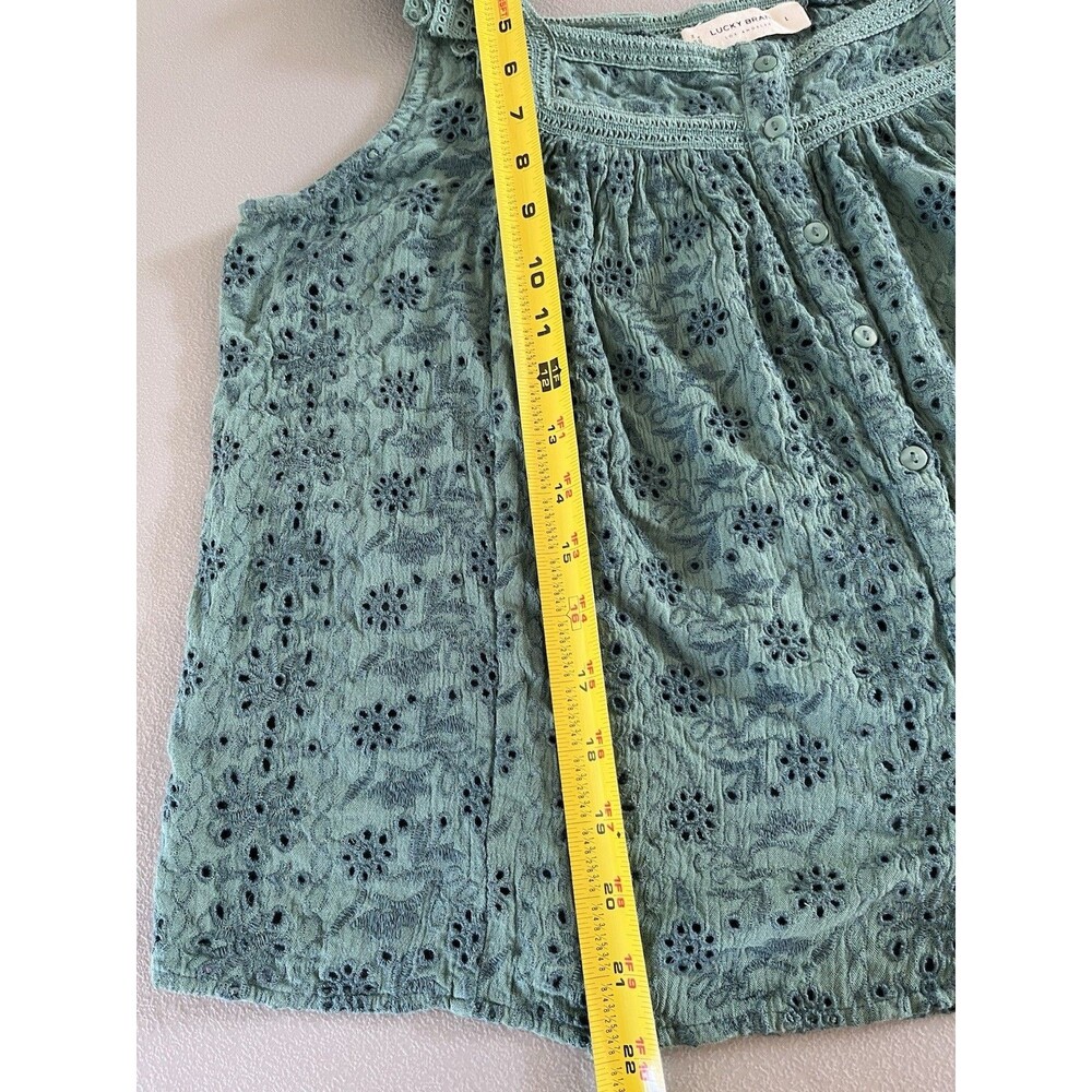 Lucky Brand Eyelet Lace Blouse Top Large Sage Green Cotton Cottagecore Boho - Picture 8 of 10